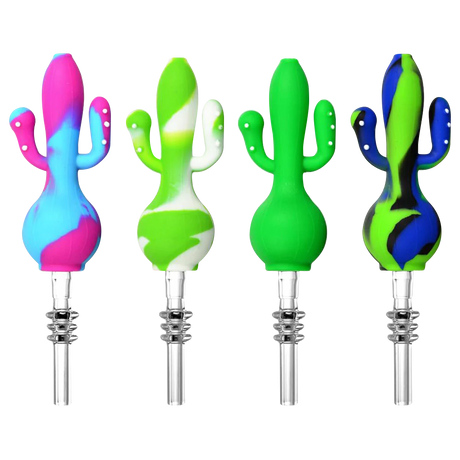 Assorted colors silicone cactus dab straws with quartz tips, front view on white background