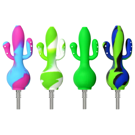 Assorted colors silicone cactus dab straws with titanium tips, front view on striped background