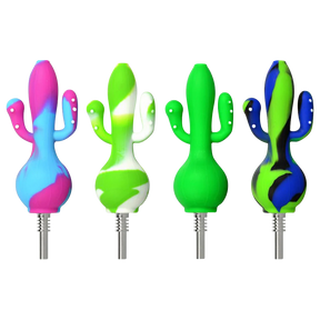 Assorted colors silicone cactus dab straws with titanium tips, front view on striped background