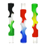Assorted colors silicone covered glass chillum pipes for dry herbs, front view on white background