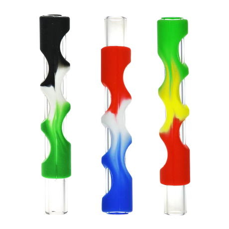Assorted colors silicone covered glass chillum pipes for dry herbs, front view on white background