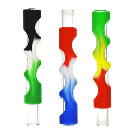 Assorted colors silicone-covered glass chillum pipes for dry herbs, front view
