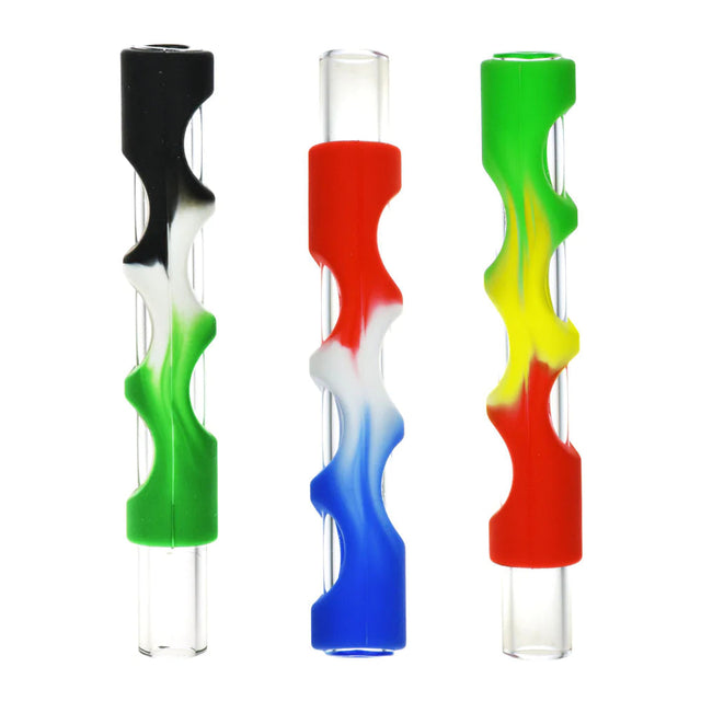 Assorted colors silicone-covered glass chillum pipes for dry herbs, front view