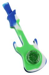 Compact silicone guitar-shaped hand pipe with glass bowl, 4.25" long, portable design
