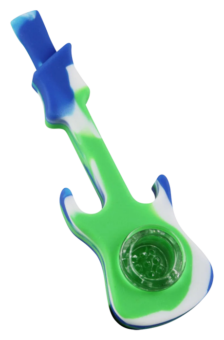Compact silicone guitar-shaped hand pipe with glass bowl, 4.25" long, portable design