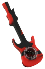 Red and black silicone guitar-shaped hand pipe with glass bowl, 4.25" compact design for dry herbs
