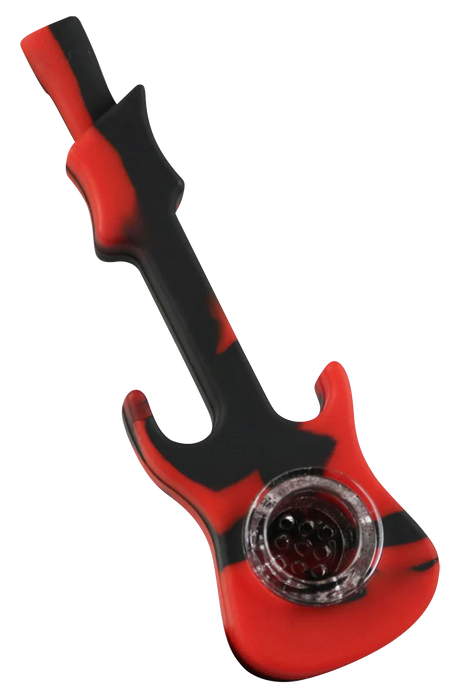 Red and black silicone guitar-shaped hand pipe with glass bowl, 4.25" compact design for dry herbs