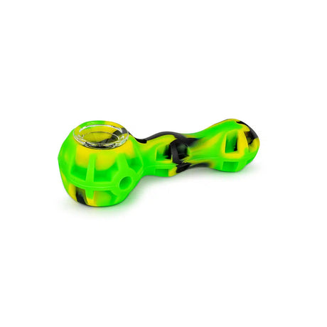 DankGeek Silicone Hand Pipe in Green Camo with Spoon Poker & Stash, Front View