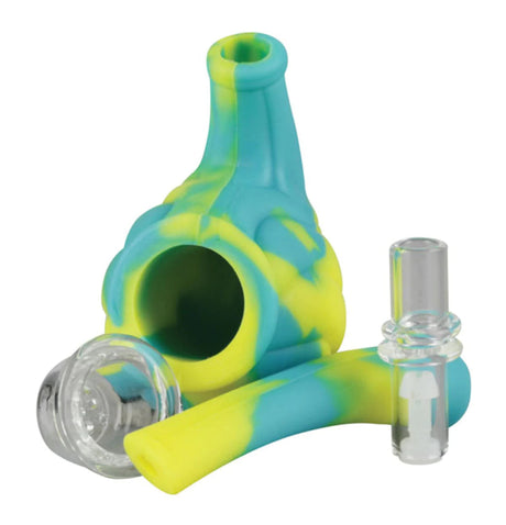Compact silicone hand pipe with removable glass bowl, swirl design in blue and yellow, front view