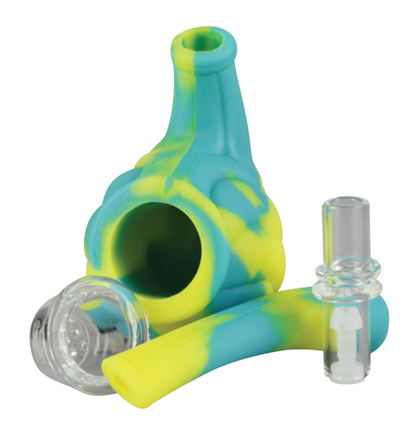 Compact silicone hand pipe with removable glass bowl, blue and yellow design, 5.5" size, side view