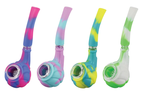 Colorful silicone hand pipes with glass bowls, angled side view, compact and portable design