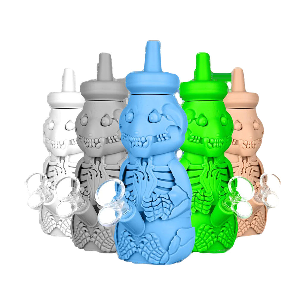 Colorful Silicone Honey Bear Skeleton Bubblers, 8.5" Tall, 45 Degree Joint