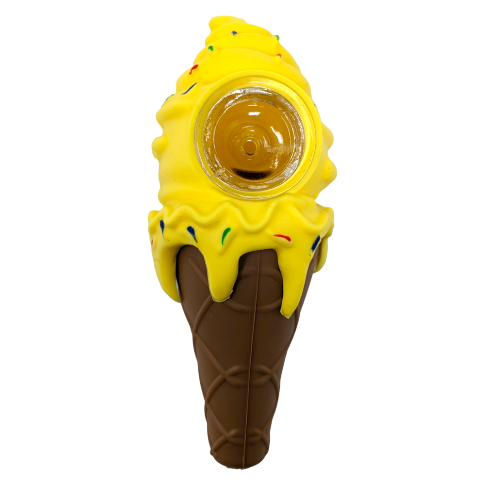 DankGeek Silicone Ice Cream Pipe in Yellow - Front View with Steel Bowl