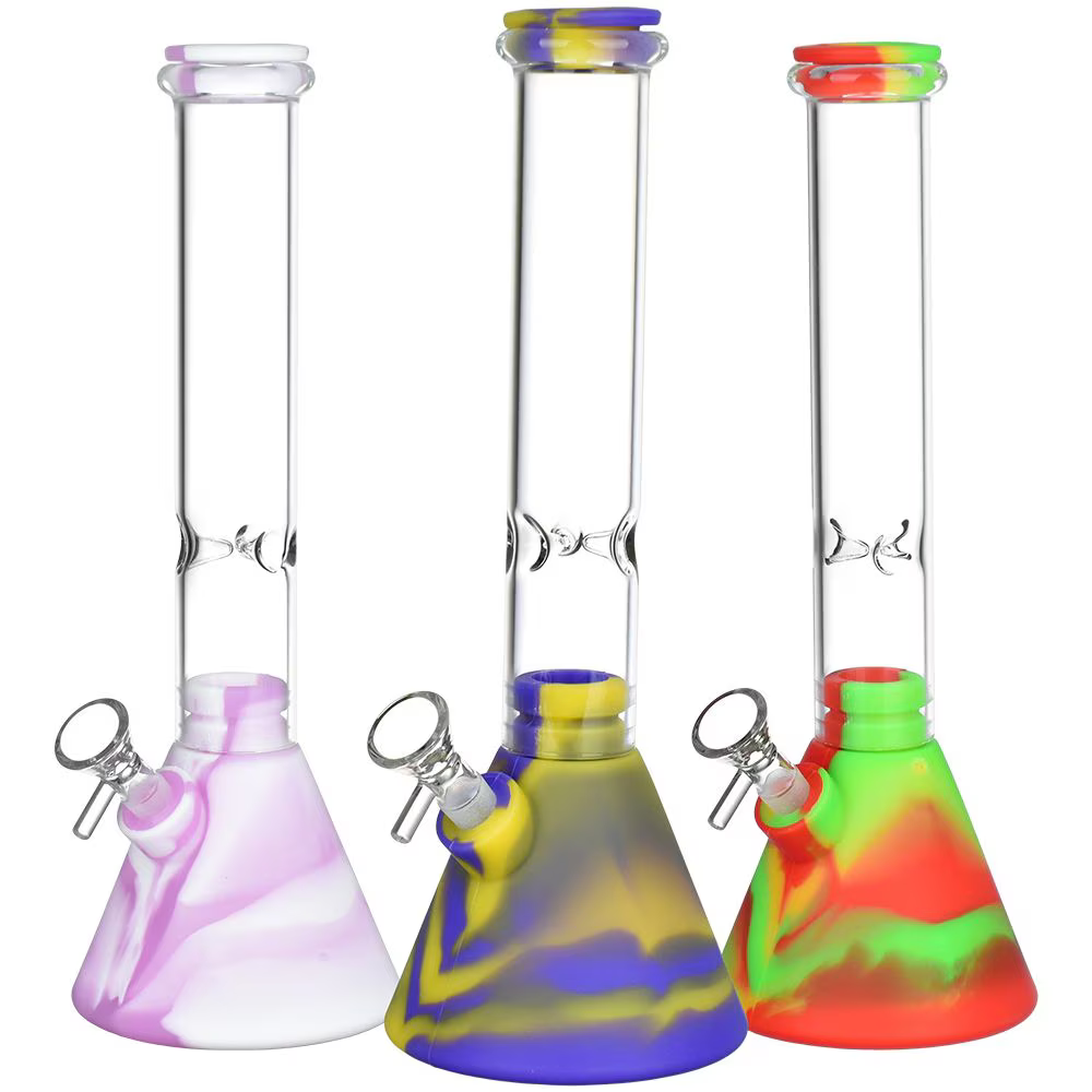 Silicone on Glass Beaker Water Pipe | 12" | 14mm F | Assorted Colors | 3ct Bundle