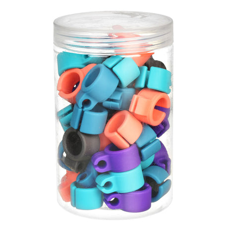 Assorted colors silicone ring cone holders in a clear jar, easy for travel and storage
