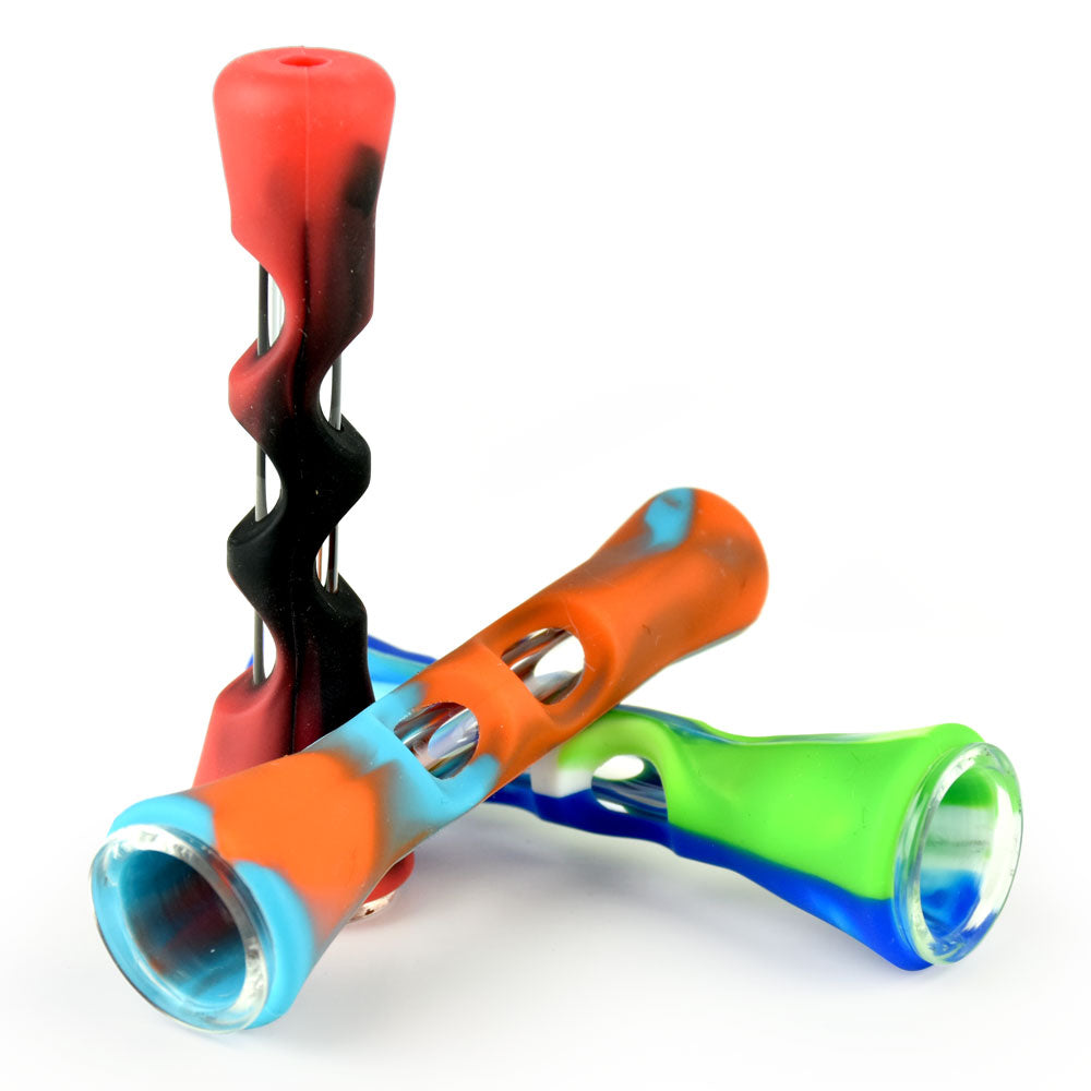 Colorful Silicone Taster Pipe with Glass Insert, 3.25" Easy-to-Clean, Front and Side Views