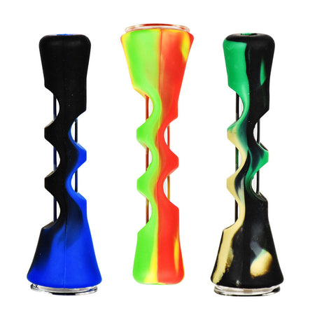 Silicone Taster Pipes with Glass Inserts in Blue, Rasta, and Black - Front View