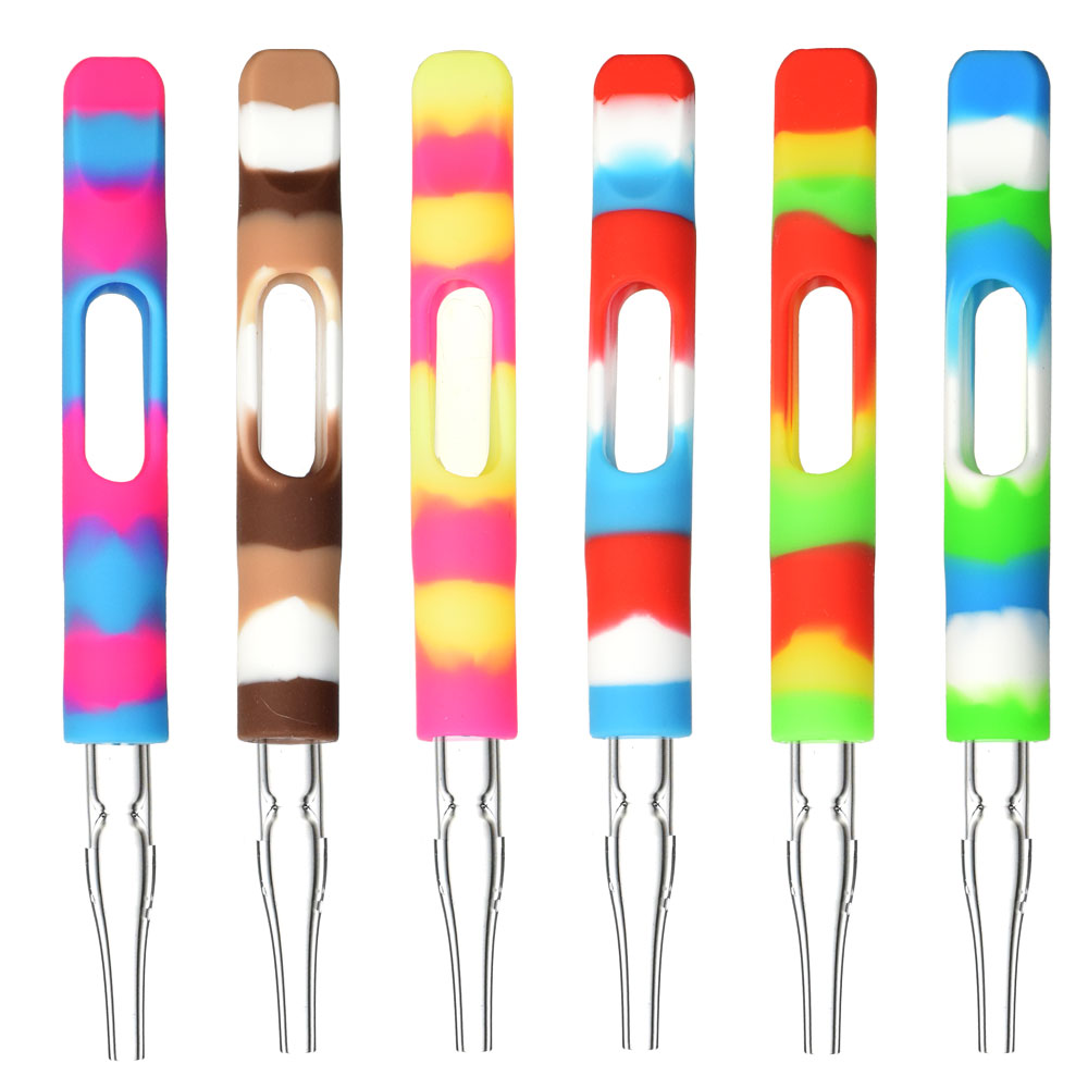 Colorful silicone wrapped dab straws with glass tips, 6" size, portable and compact design