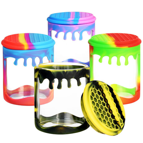 Colorful silicone wrapped borosilicate glass storage jars with honeycomb pattern lids