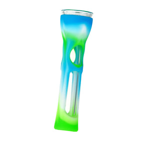3.5" Silicone Wrapped Taster Bat in Blue and Green, Portable Borosilicate Glass Chillum