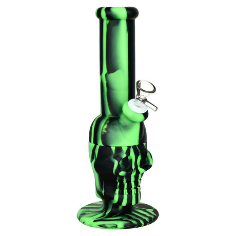 Sinfully Smiling Skull Silicone Water Pipe, 11" tall with 14mm female joint, front view on white background
