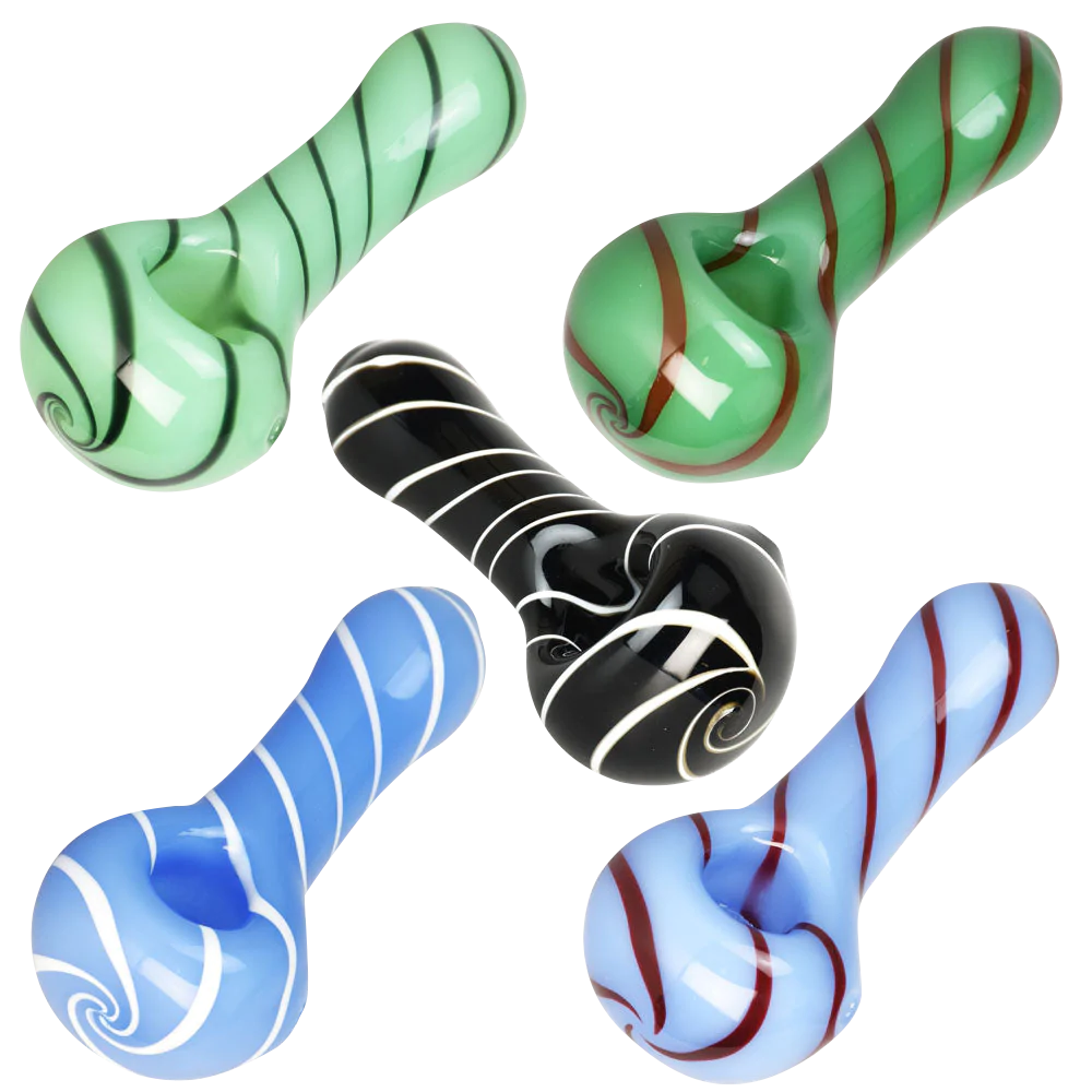 Assorted Single Line Swirl Glass Spoon Pipes in various colors, compact and portable design
