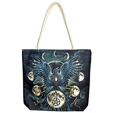 Sinister Wings Tote Bag with Jute Rope Handle, Black with Gold and White Accents, Front View