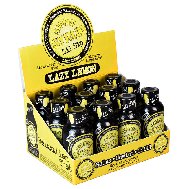 Sippin Syrup Lil Sip Relaxation Shot Lazy Lemon 2oz 12pc Display with black and yellow packaging