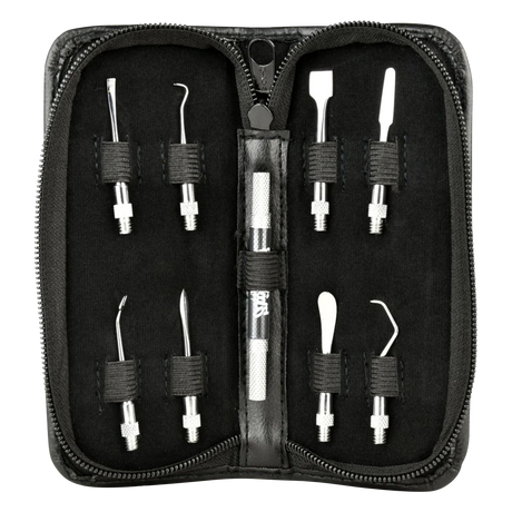 Skilletools Travel Kit with black dab handle and various steel tips displayed in a portable case
