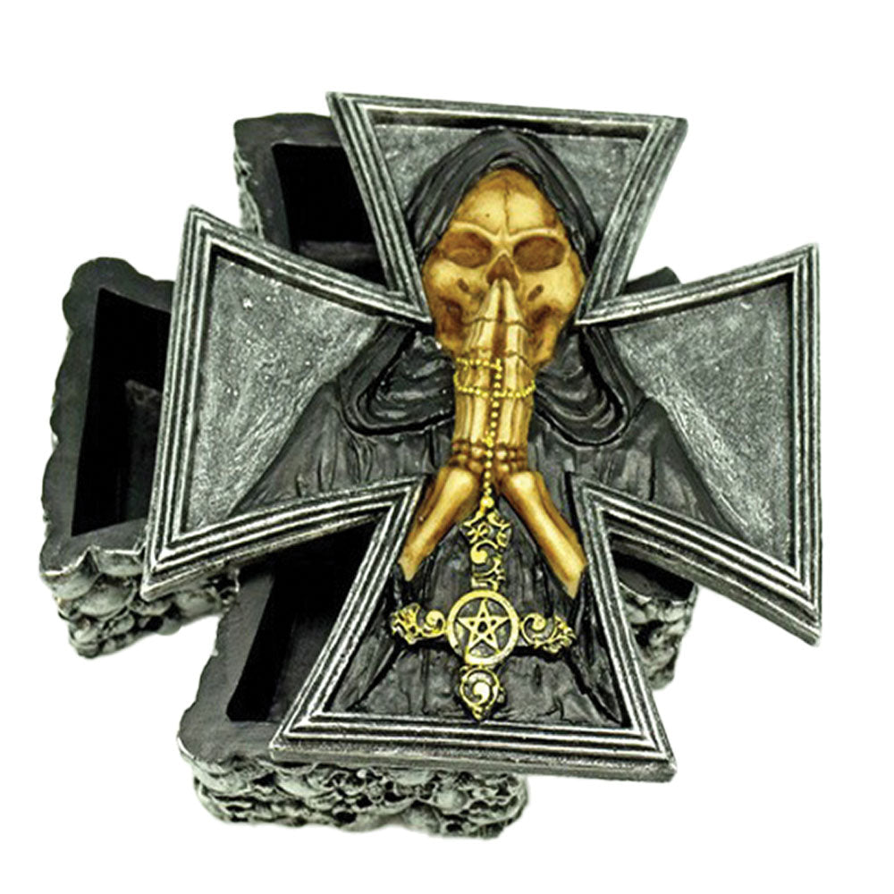 Skull Cross Storage Box with gold-tone accents, front view, polyresin construction