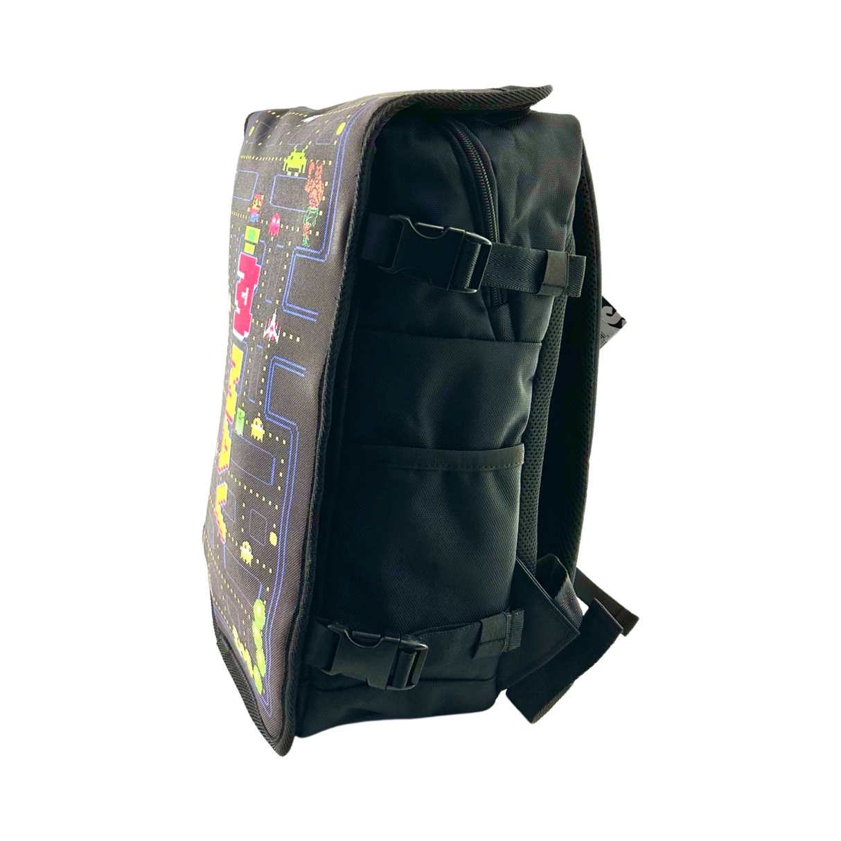 MAV PRO Skunk Faceoff backpack with vibrant game face design, side view, black straps