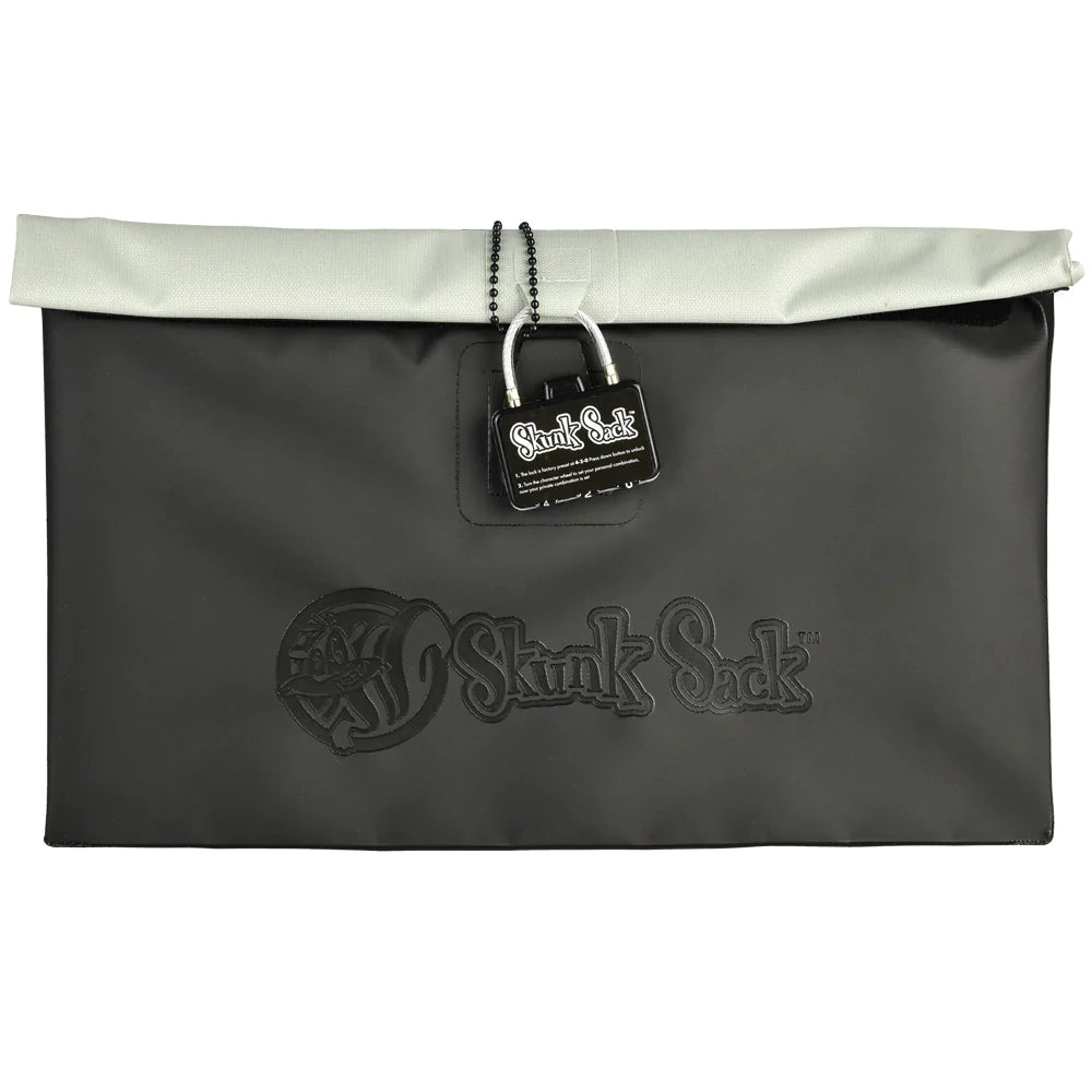 Skunk Sack Flat Pack in black with secure lock, front view on white background