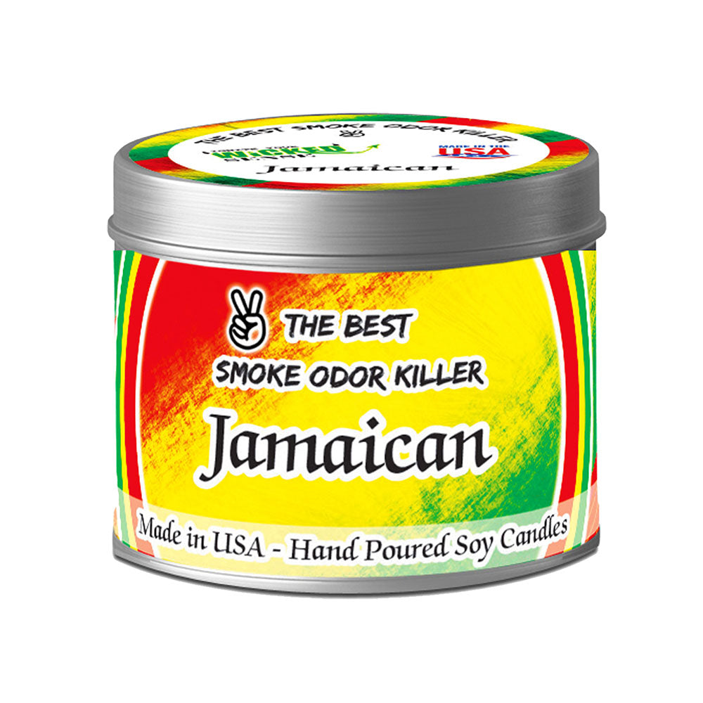 Skunk Jamaican Smoke Odor Eliminator, 13oz Soy Candle with Rasta Colors, Front View
