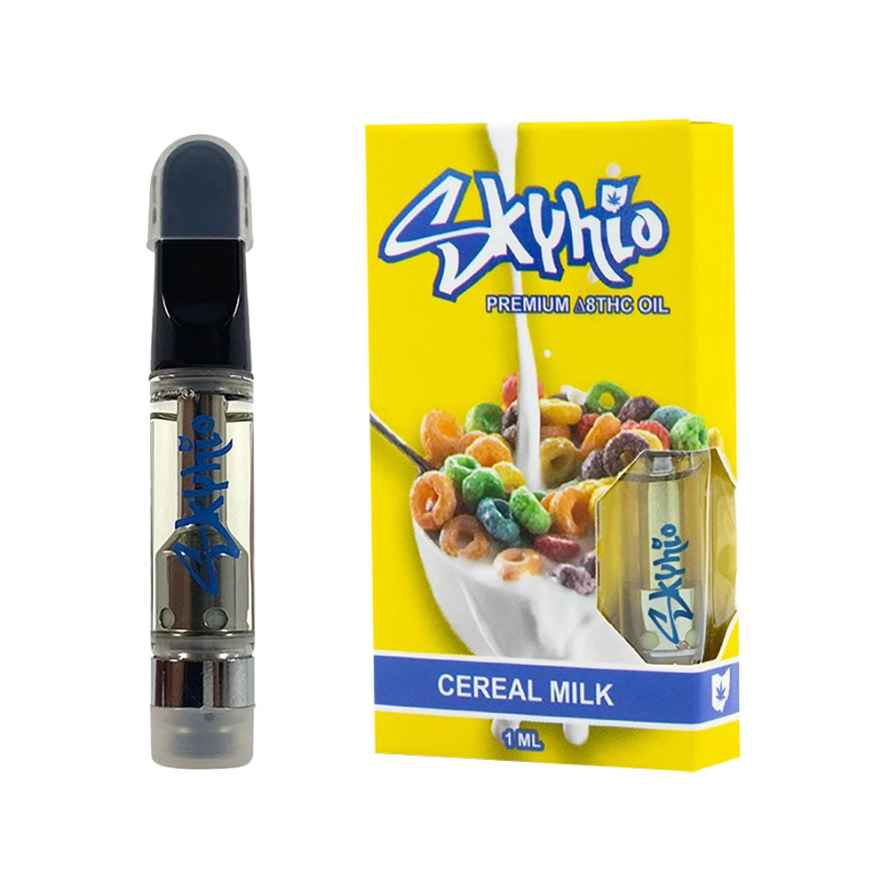 Skyhio CDT Delta 8 Vape Cartridge 'Cereal Milk' flavor, 1ml, front view with packaging