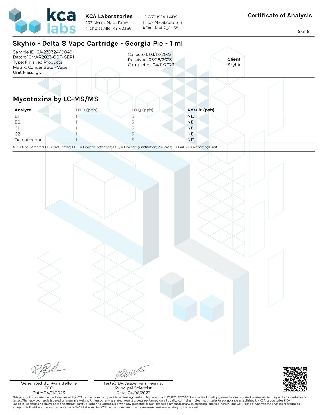 Skyhio CDT Delta 8 Vape Cartridge Certificate of Analysis document