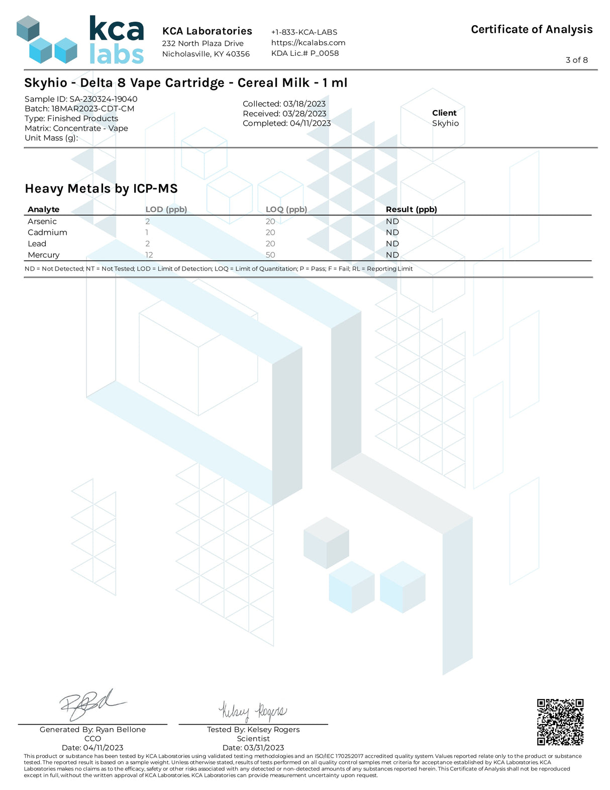 Skyhio CDT Delta 8 Vape Cartridge Certificate of Analysis showing quality and purity