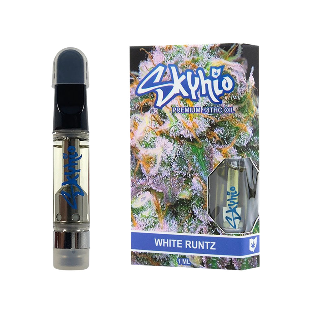 Skyhio CDT Delta 8 Vape Cartridge 'White Runtz' 1ml with Ceramic Mouthpiece - Front View