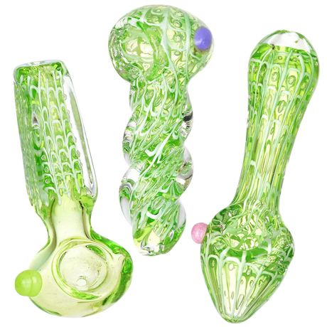 Slime Green Spiderwebs Borosilicate Glass Spoon Pipe, Heavy Wall, 3.5" Long