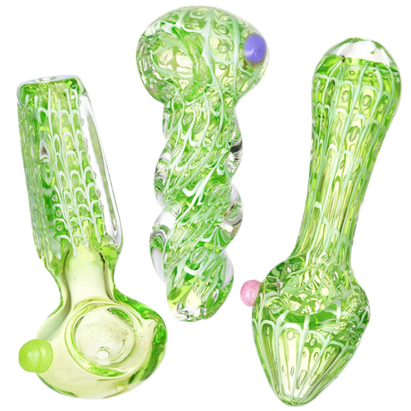 Slime Green Spiderwebs Glass Spoon Pipe, 3.5" Heavy Wall Borosilicate, Multiple Angles