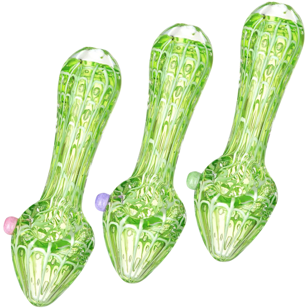 Slime Green Spiderwebs Glass Spoon Pipes in 3 angles showing thick borosilicate design