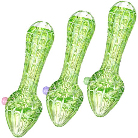 Slime Green Spiderwebs Glass Spoon Pipes in 3 angles showing thick borosilicate design