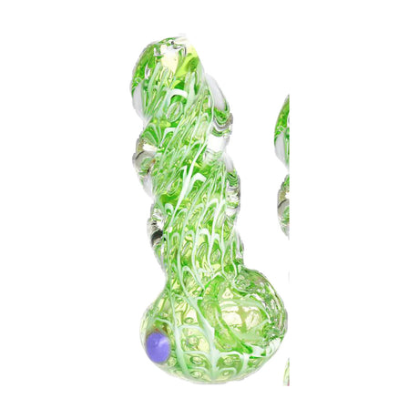 Slime Green Spiderwebs Glass Spoon Pipe, 3.5" Heavy Wall Borosilicate, Front View