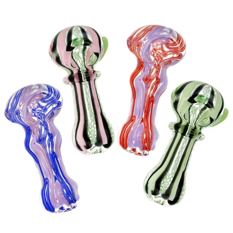 Assorted Slime Squiggle Spoon Pipes in Multicolor Borosilicate Glass, Top and Side Views