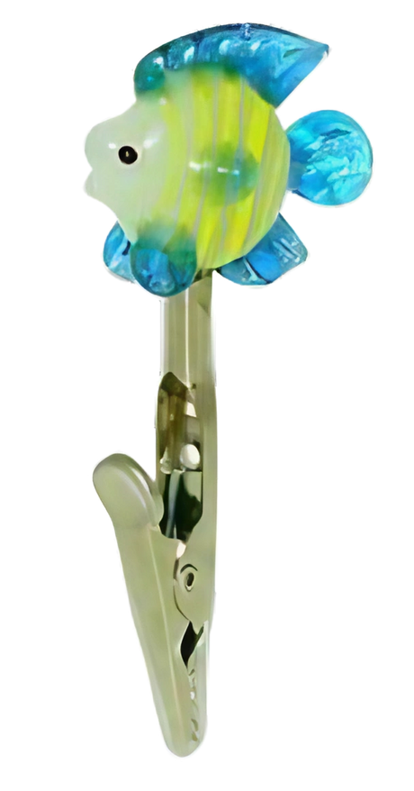 Borosilicate glass memo clip with fish design, ideal for holding joints or blunts, front view on white background