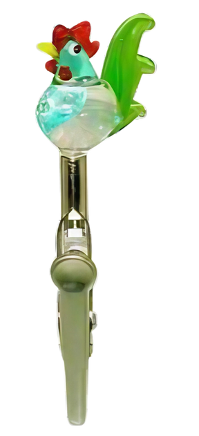 Borosilicate glass memo clip with rooster design, side view on white background, ideal for joint holders