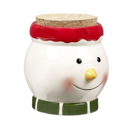 Ceramic Smiling Snowman Stash Jar with Red Lid, Front View, Perfect for Holiday Storage