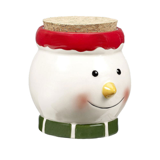 Ceramic Smiling Snowman Stash Jar with Red Lid, Front View, Perfect for Holiday Storage