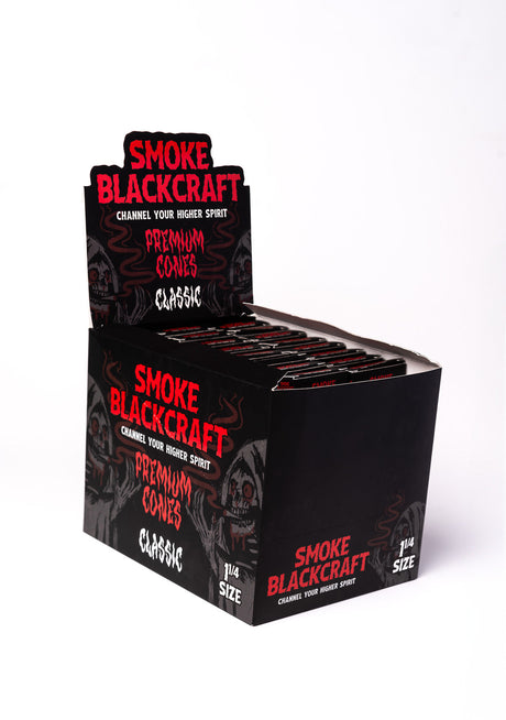 Smoke BlackCraft Cones display box, 1 1/4" size, 24pc set, front view on white background