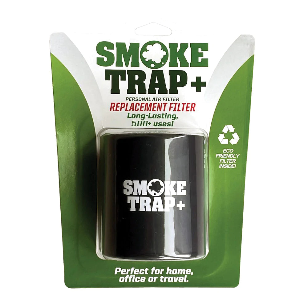 Smoke Trap+ Personal Air Filter in Black, Portable and Biodegradable Design, Front View Packaging