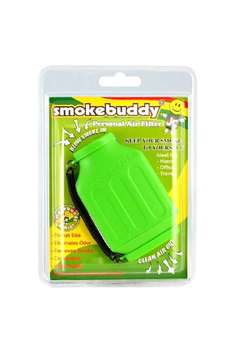 Smokebuddy Junior Lime Green Personal Air Filter, pocket-size and odor eliminating, front view packaging